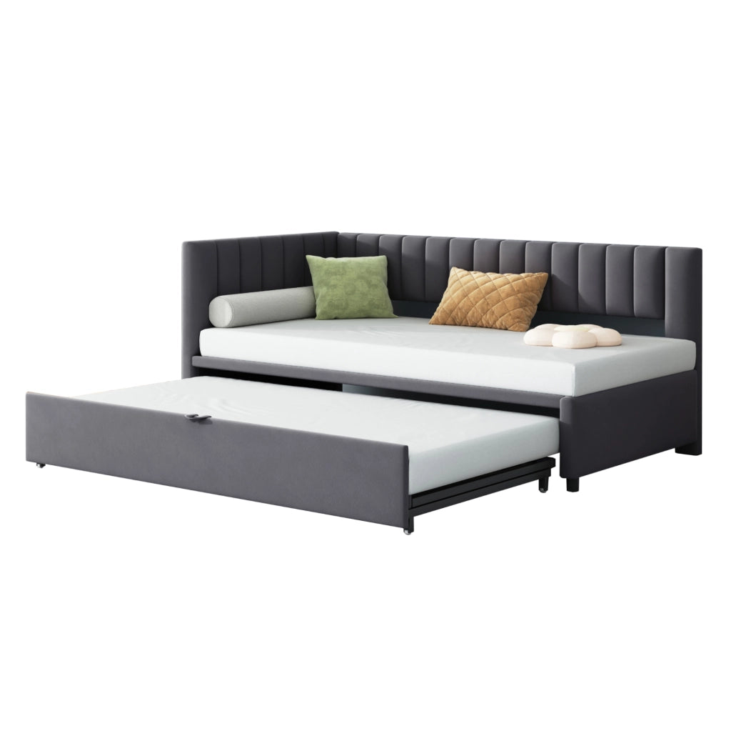 Divano letto angolare 90x200 cm estraibile; design salvaspazio; in velluto imbottito grigio