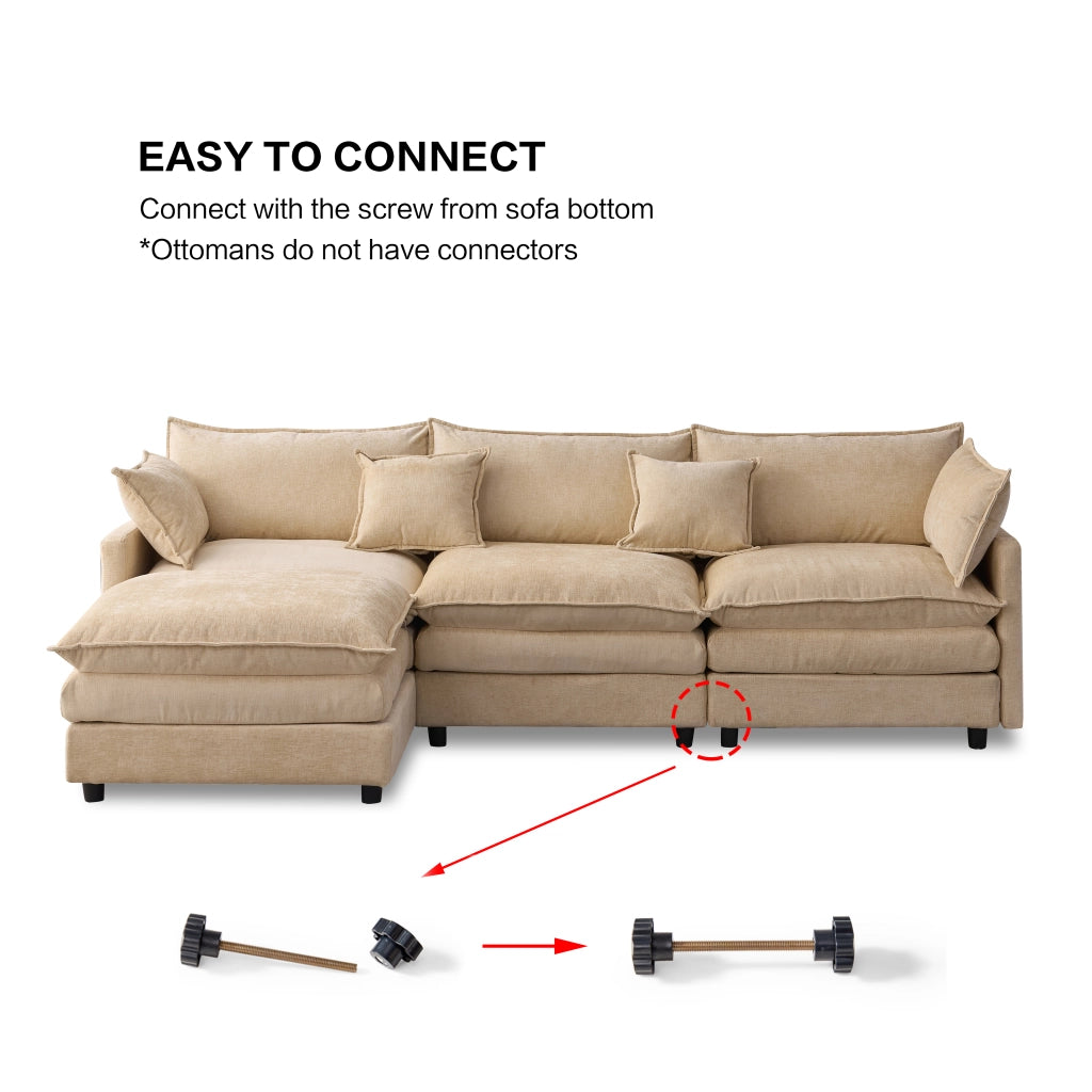 Divano angolare modulare a L con chaise longue e pouf, rivestimento in chenille, caffè chiaro, per 3 persone
