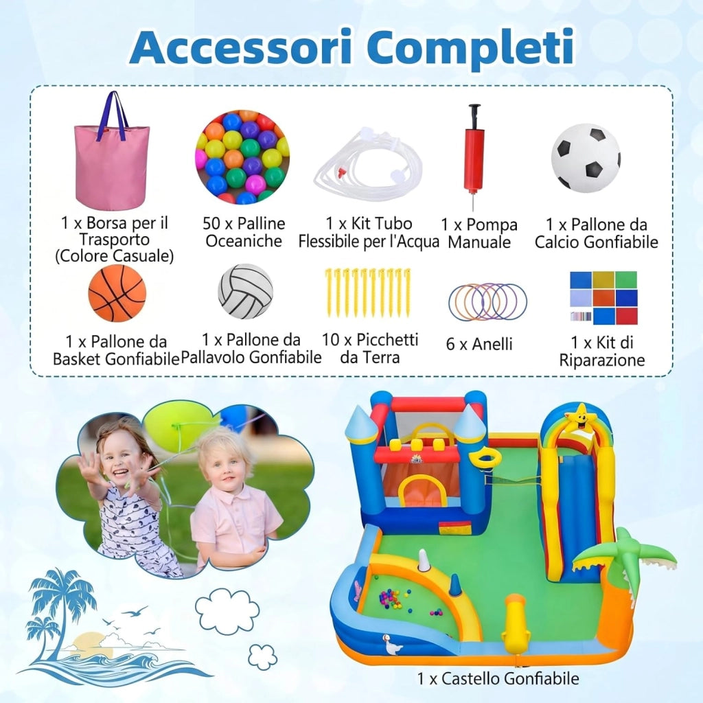Castello Gonfiabile per Bambini, Grande Parco Acquatico per Bambini con Piscina, Scivolo, Parete d'Arrampicata, Palline Oceaniche e Gioco degli Anelli, per Bambini 3-12 Anni