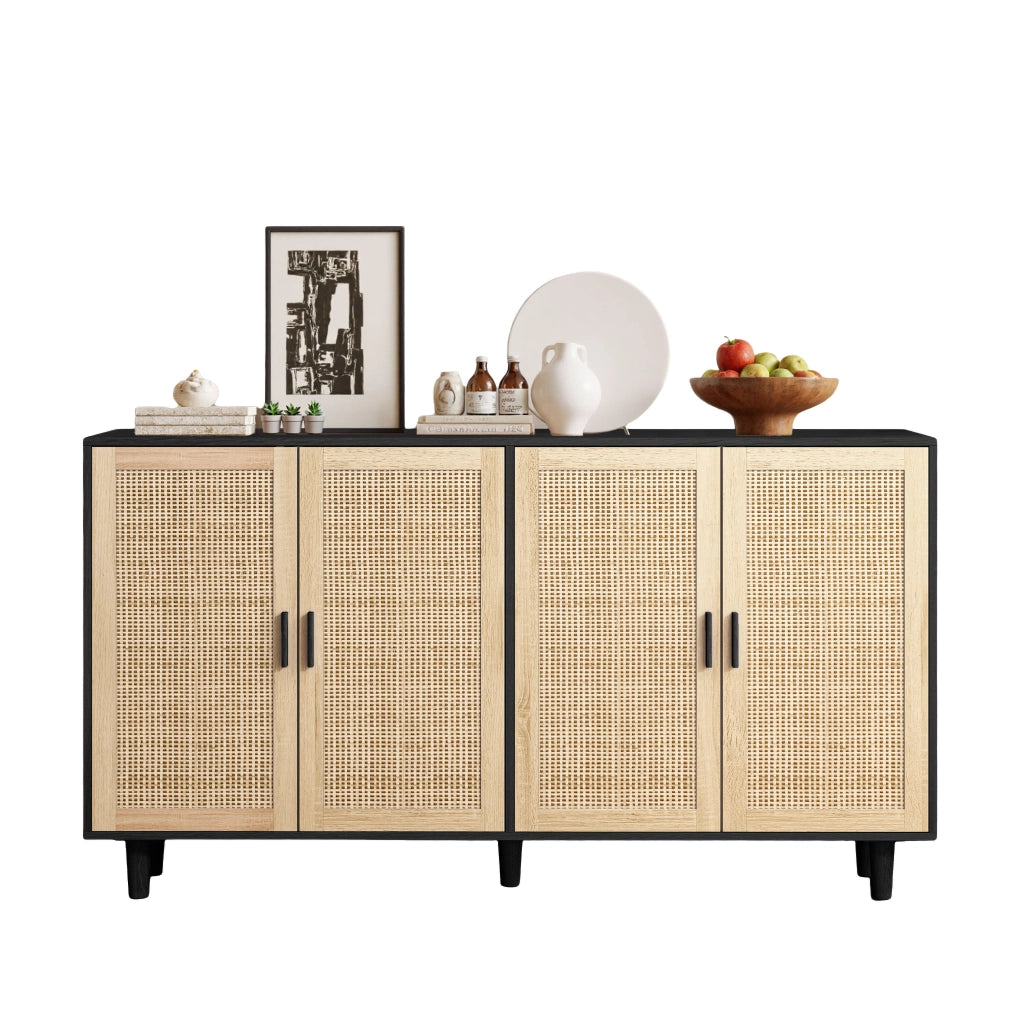 Armadio 4 Ante in Rattan ¨C Xylo ¨C Nero, Ripiani, Guardaroba, 158 cm