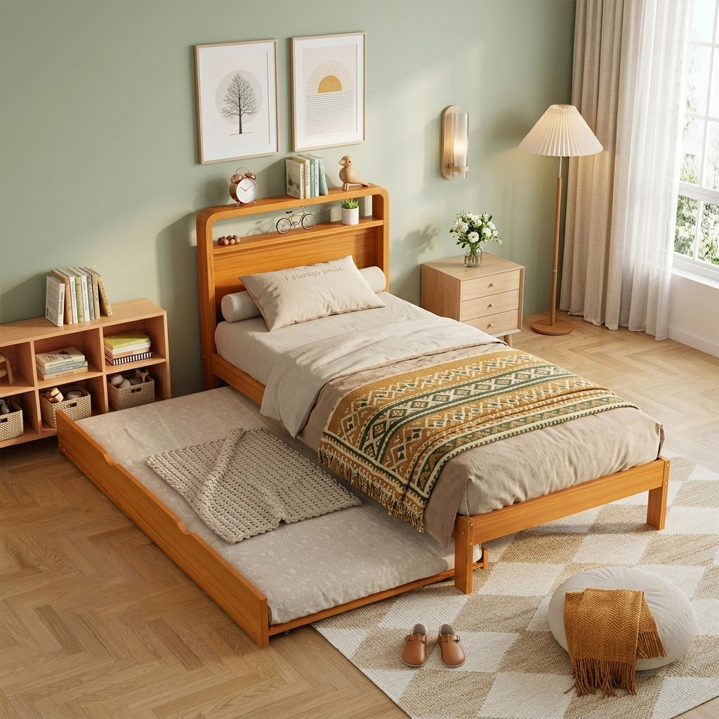 Letto estraibile 90 × 200 cm con letto ospite 90 × 190 cm, montaggio a sinistra o destra, senza materasso, in legno naturale