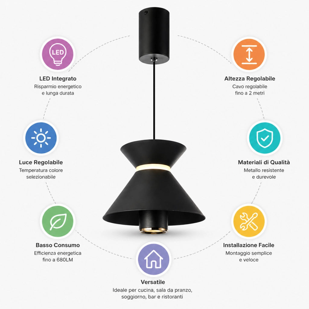 LAMPADARIO LED A SOSPENSIONE MODERNO NERO 10W DIMMERABILE CCT REGOLABILE LP018