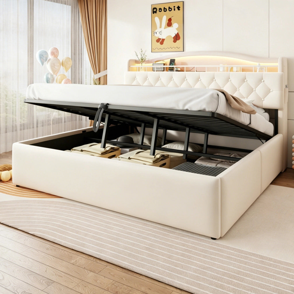 LETTO Contenitore 180x200 cm in tessuto beige con LED, USB e USB-C
