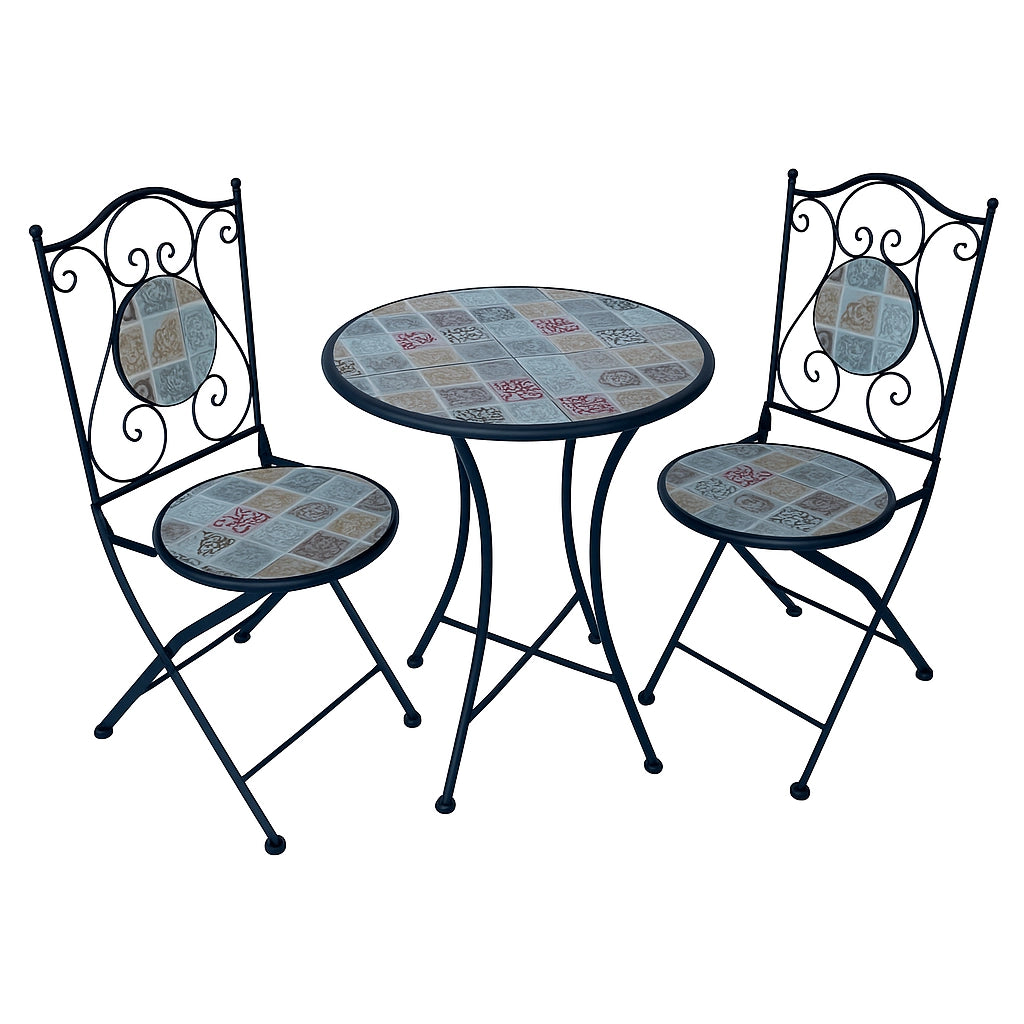 SET PER ESTERNO GIARDINO TAVOLO E 2 SEDIE CON INSERTI IN CERAMICA MODELLO "VILLEFRANCHE"
