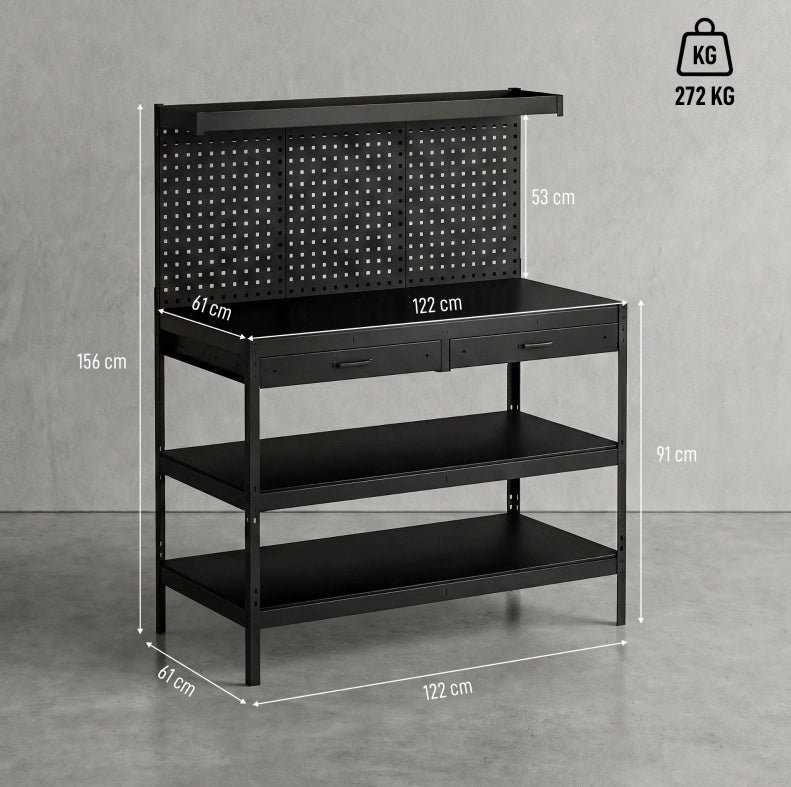 Banco da lavoro ULEVR 122x61x156 cm con 2 cassetti, pannelli forati e ripiani regolabili, nero