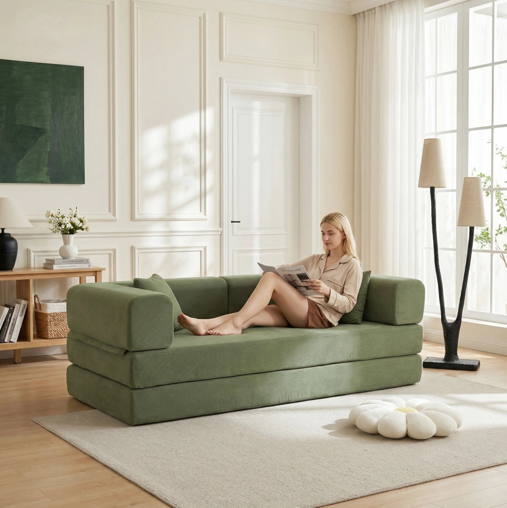 Divano letto pieghevole da terra 3 posti con braccioli riposizionabili; 200x100x70 cm; verde