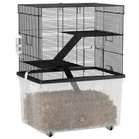 Gabbia per Criceti 3 Piani con Ruote, 2 Piattaforme, Rampe, Ciotola e Bottiglia, 58x43x74 cm, Nero