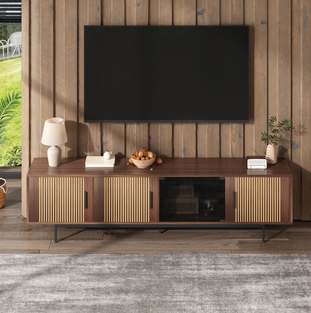 Mobile TV moderno 200x35x53 cm con striscia LED Bluetooth; nero e noce