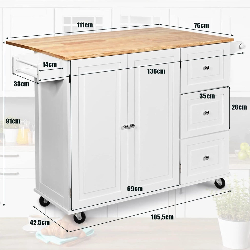 Carrello da Cucina, Credenza Mobile Salvaspazio, Ruote con 2 Freni, Piano Pieghevole, 2 Ripiani Regolabili, 3 Cassetti, 2 Ante, Portaspezie e Portasciugamano, 111x76x91 cm, Bianco