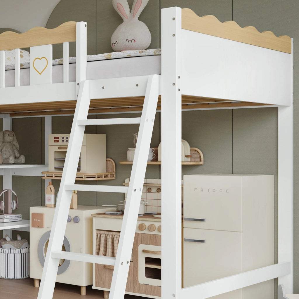 Letto a castello per bambini 90 x 200 cm con scivolo, armadio e contenitore, pino e MDF, bianco e legno