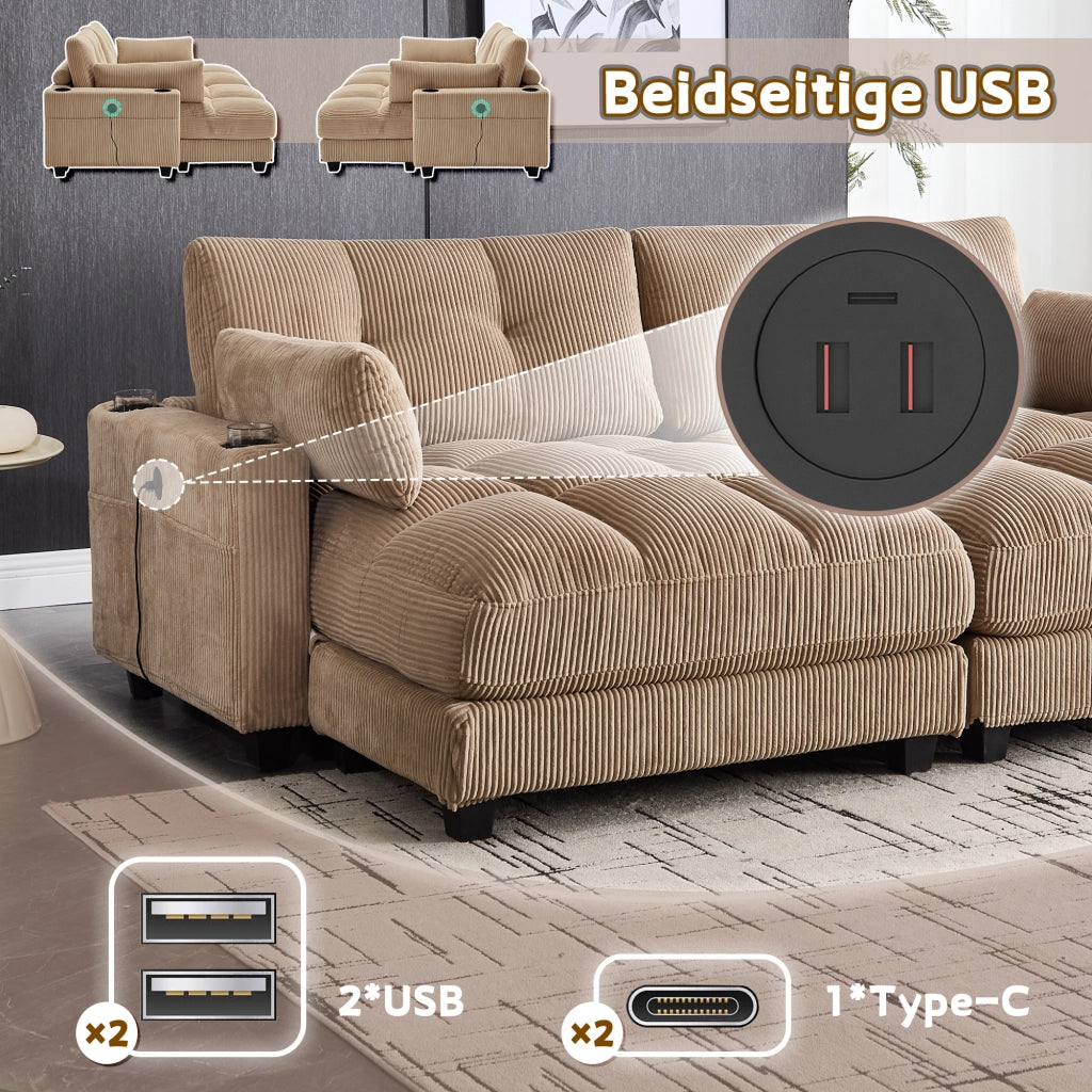 Divano modulare 2 posti in tessuto a coste con portabicchieri, tasche laterali e porte USB, khaki 224 × 140 × 81 cm