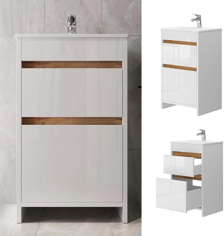 Set mobili bagno Detmold, Bianco lucido/oro power oak, 49 cm, composto da mobile sottolavabo e lavabo