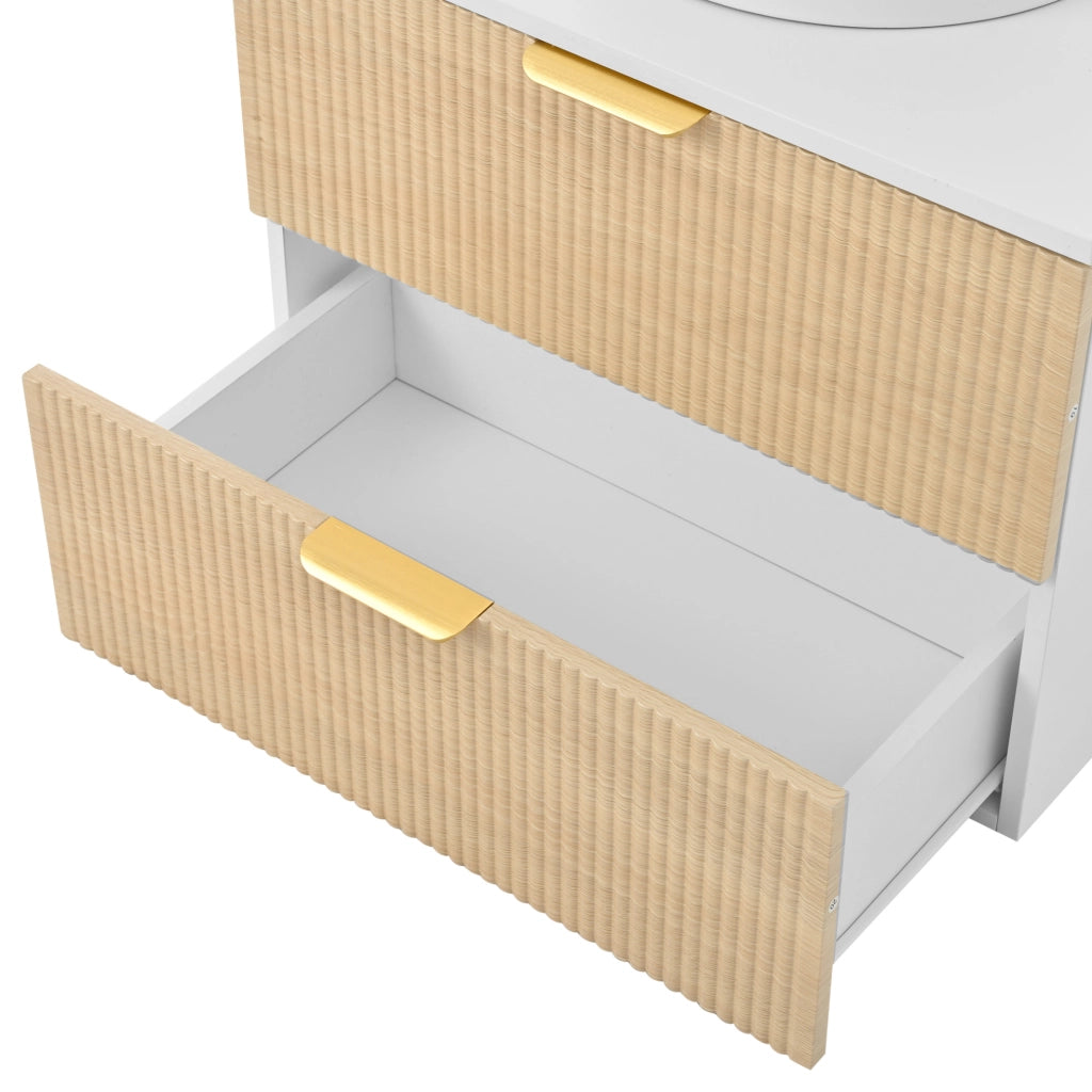 Mobile bagno sospeso 60 cm con lavabo in ceramica, 2 cassetti, MDF naturale