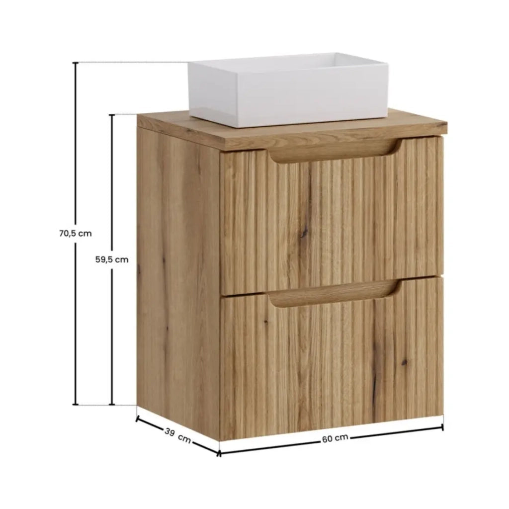 Set da bagno VANO in rovere chiaro 50cm: mobile sottolavabo con cassetti + piano per lavabo + lavabo rettangolare da appoggio