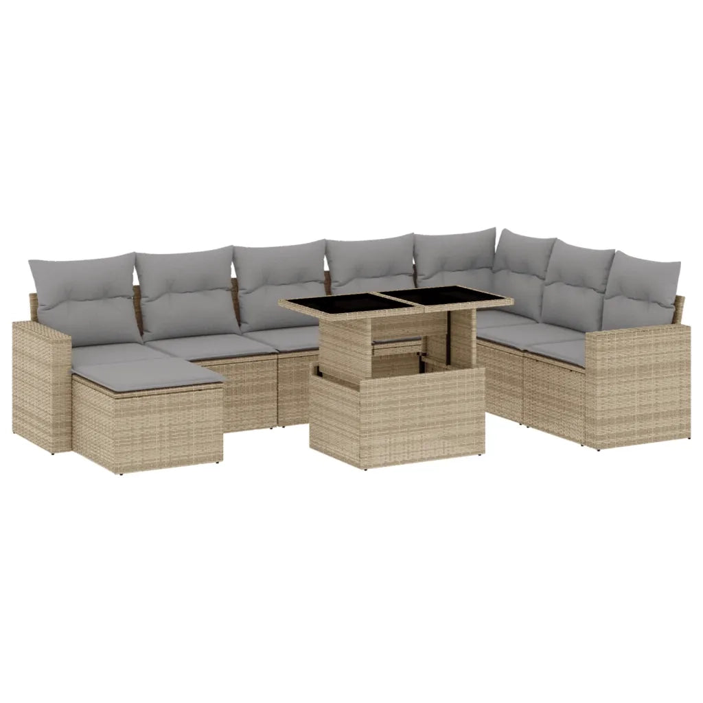 Set Divano da Giardino 9 pz con Cuscini Beige in Polyrattan