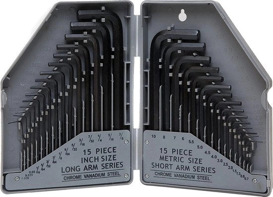 Set di chiavi a 30 pezzi per interno, set di chiavi a croce, set di chiavi a stella, in pollici e metrici, in acciaio trattato termicamente, con manici corti e lunghi, attrezzi industriali