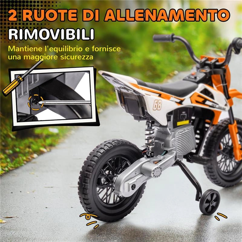MOTO ELETTRICA PER BAMBINI CON ROTELLE RIMOVIBILI, SOSPENSIONI, SUONI E INDICATORE DI CARICA, ARANCIONE