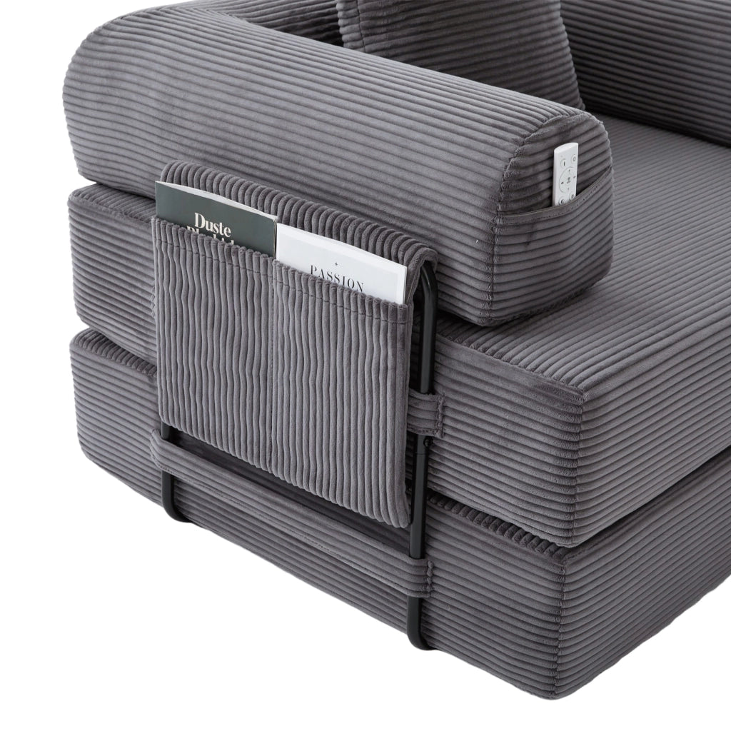 Divano modulare in corduroy con poggiapiedi, design ergonomico, tasca laterale e cuscino, grigio scuro