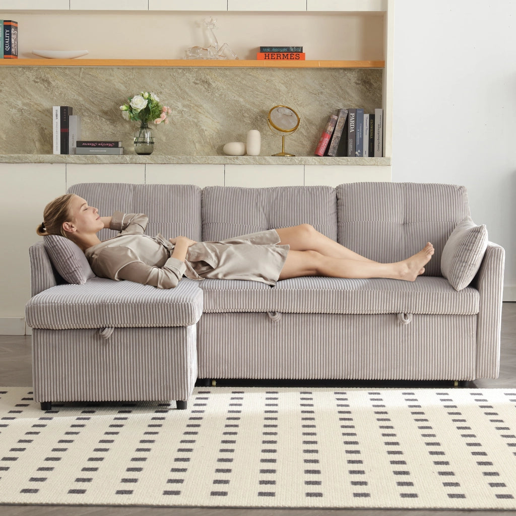 Divano letto modulare con contenitore e seduta reversibile in velluto a coste grigio chiaro 206 × 108 × 66 cm