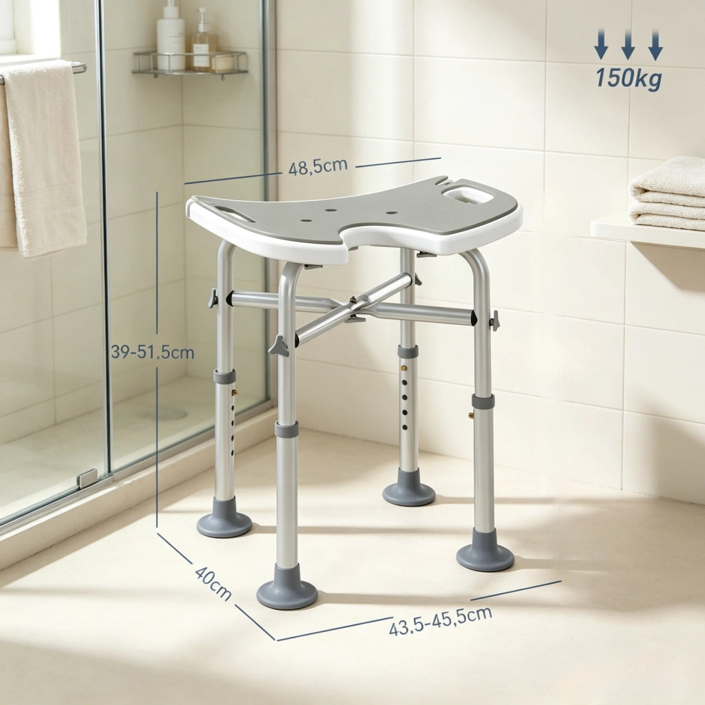 Sgabello doccia regolabile in altezza 39–51,5 cm con ventose e maniglia, grigio
