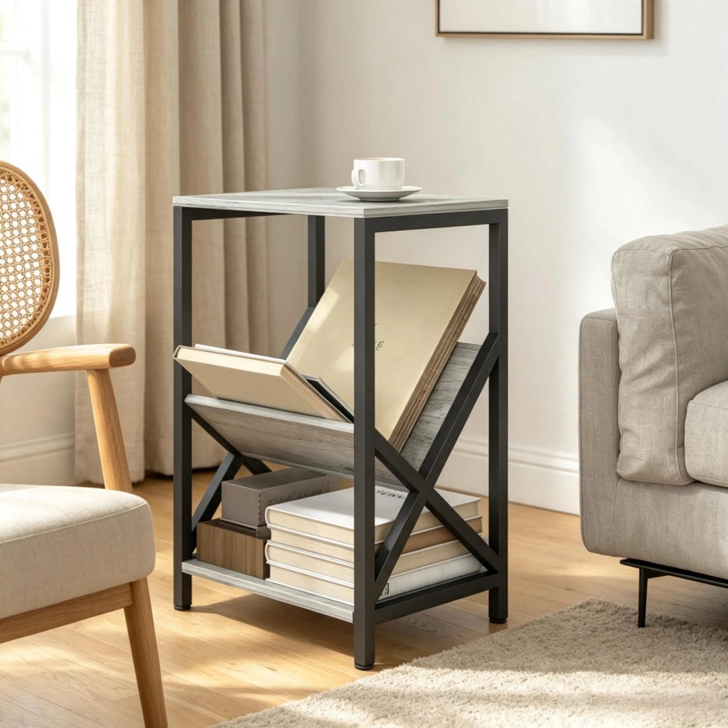 Consolle stretta con organizer a V e ripiano inferiore in legno grigio scuro e acciaio 40 × 30 × 61 cm