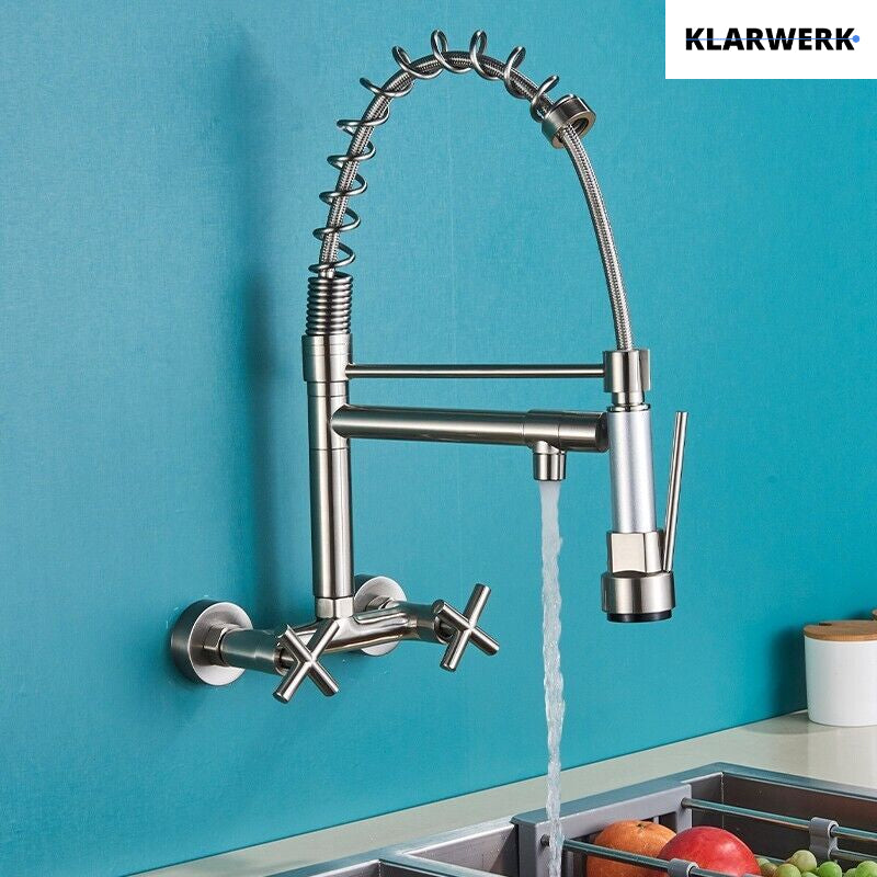 Bjorn | Rubinetto da parete gastronomia argent Rubinetto cucina professionale in acciaio inox con due doccette|doppio lavello da parete ristorante