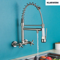 Bjorn | Rubinetto da parete gastronomia argent Rubinetto cucina professionale in acciaio inox con due doccette|doppio lavello da parete ristorante