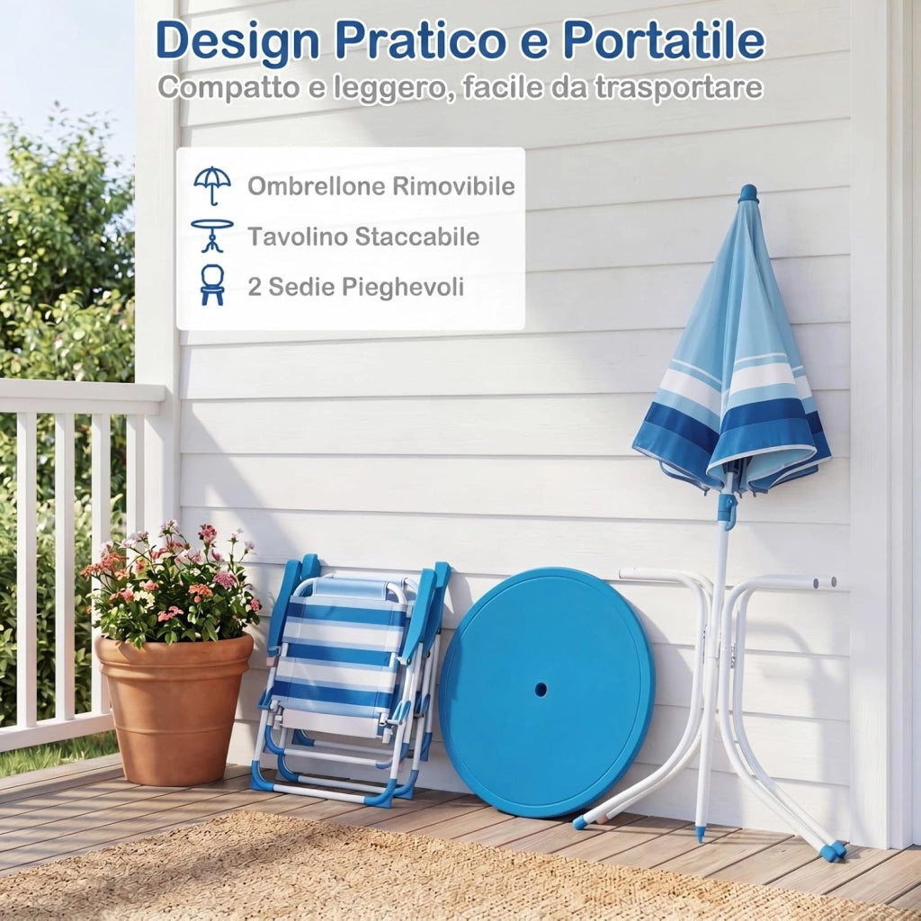 Set Tavolo e Sedie da Giardino per Bambini con Ombrellone (Blu) | Set da Esterno per Bambini 4 Pezzi con Tavolino Rotondo, 2 Sedie Pieghevoli e Ombrellone Regolabile in Altezza per Campeggio