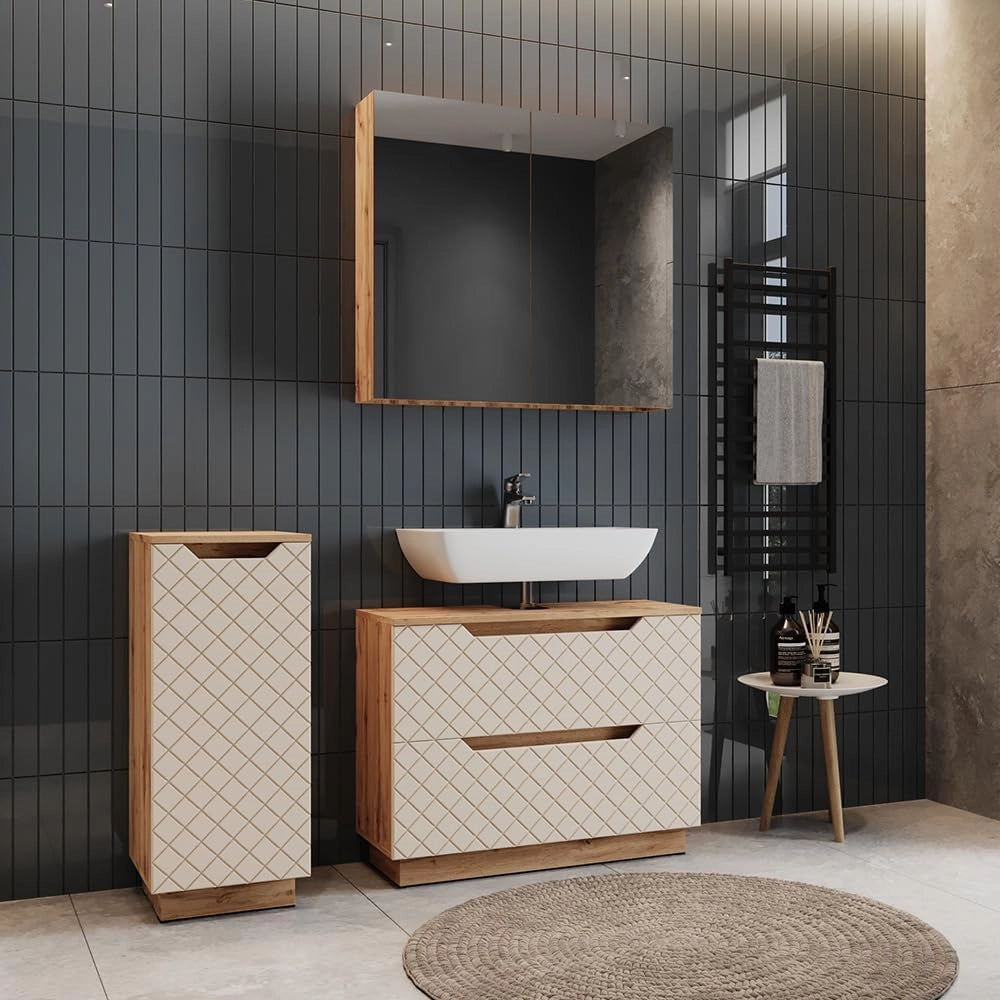 Set di mobili da bagno Lotta, Rovere/cashmere con struttura in piastrelle, 3 parti