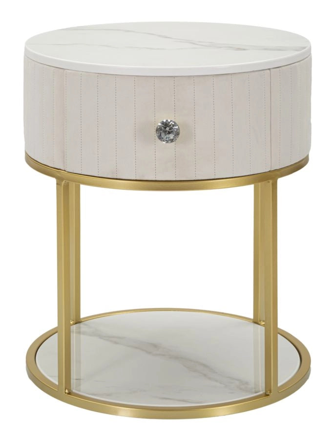 Comodino con cassetto crema, metallo dorato, piano in similmarmo 42x48cm Montpellier