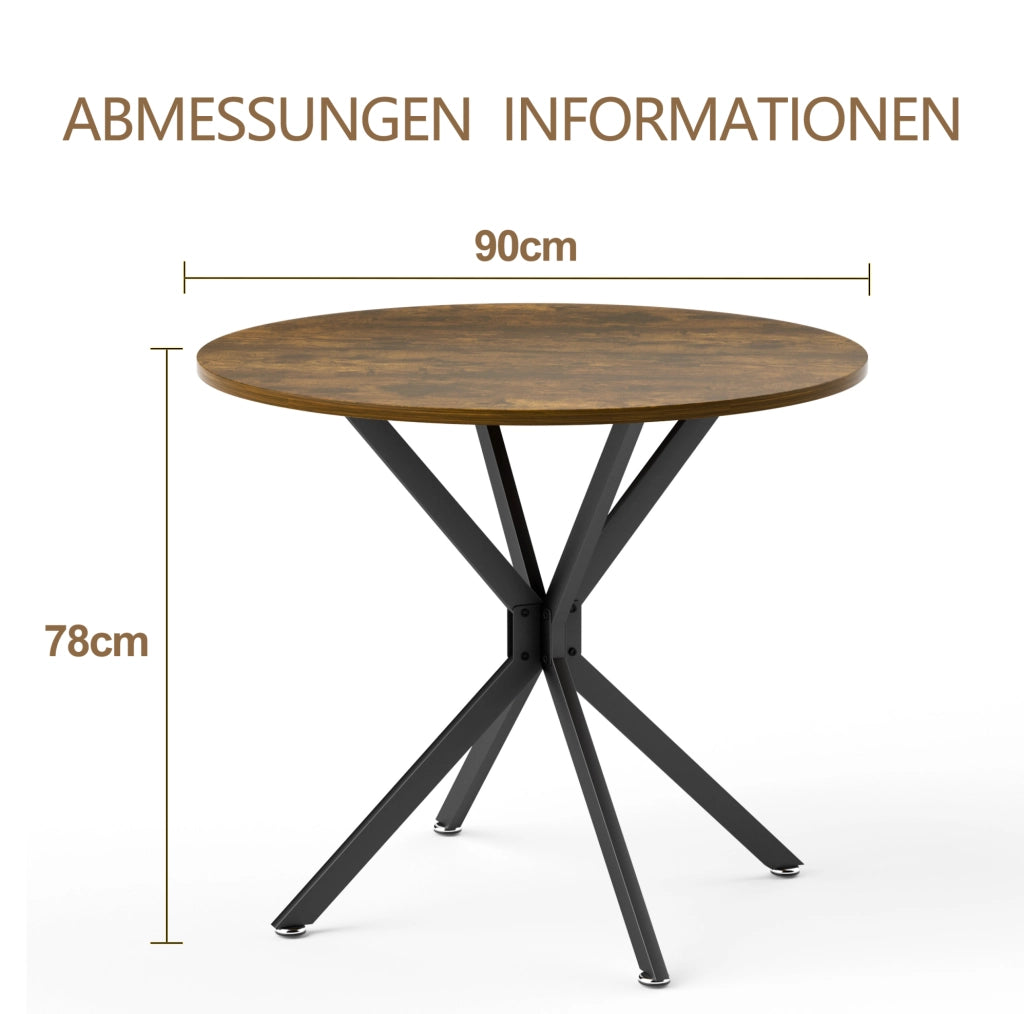 Tavolo da pranzo rotondo 90x90x78 cm; stile vintage con gambe in metallo; pannello truciolare; nero e marrone rustico
