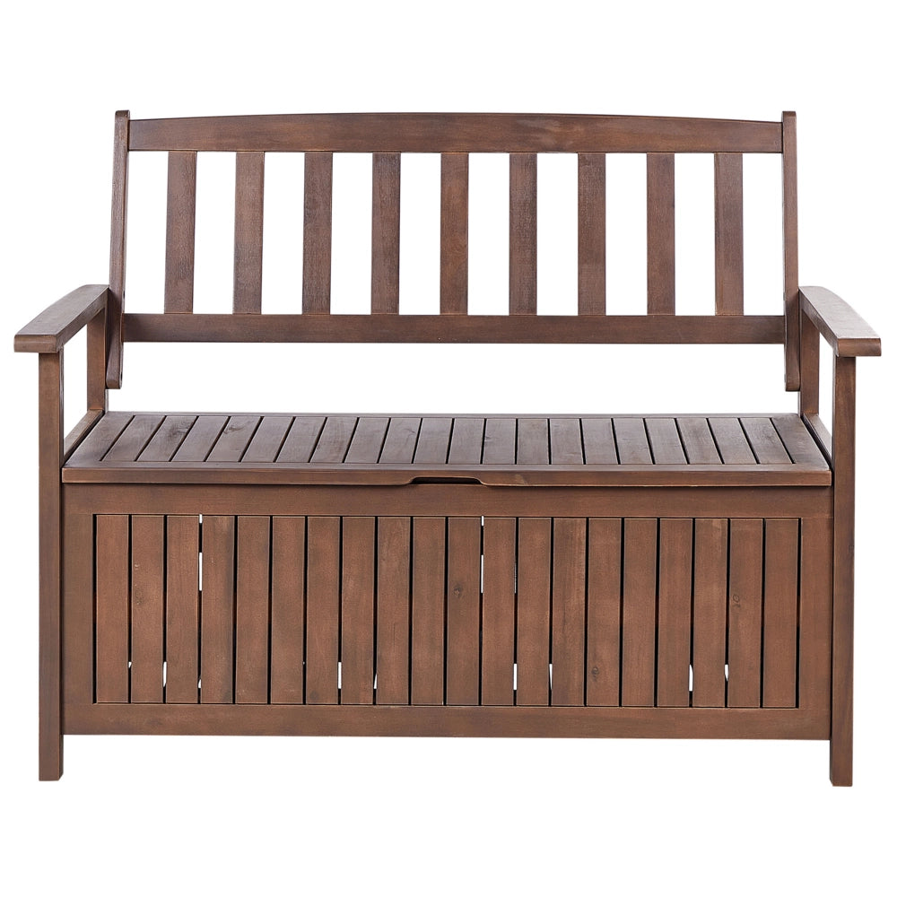 Panca da Esterno con Contenitore in Legno Massello di Acacia 2 Posti 120 cm Colore Scuro e cuscino rosso