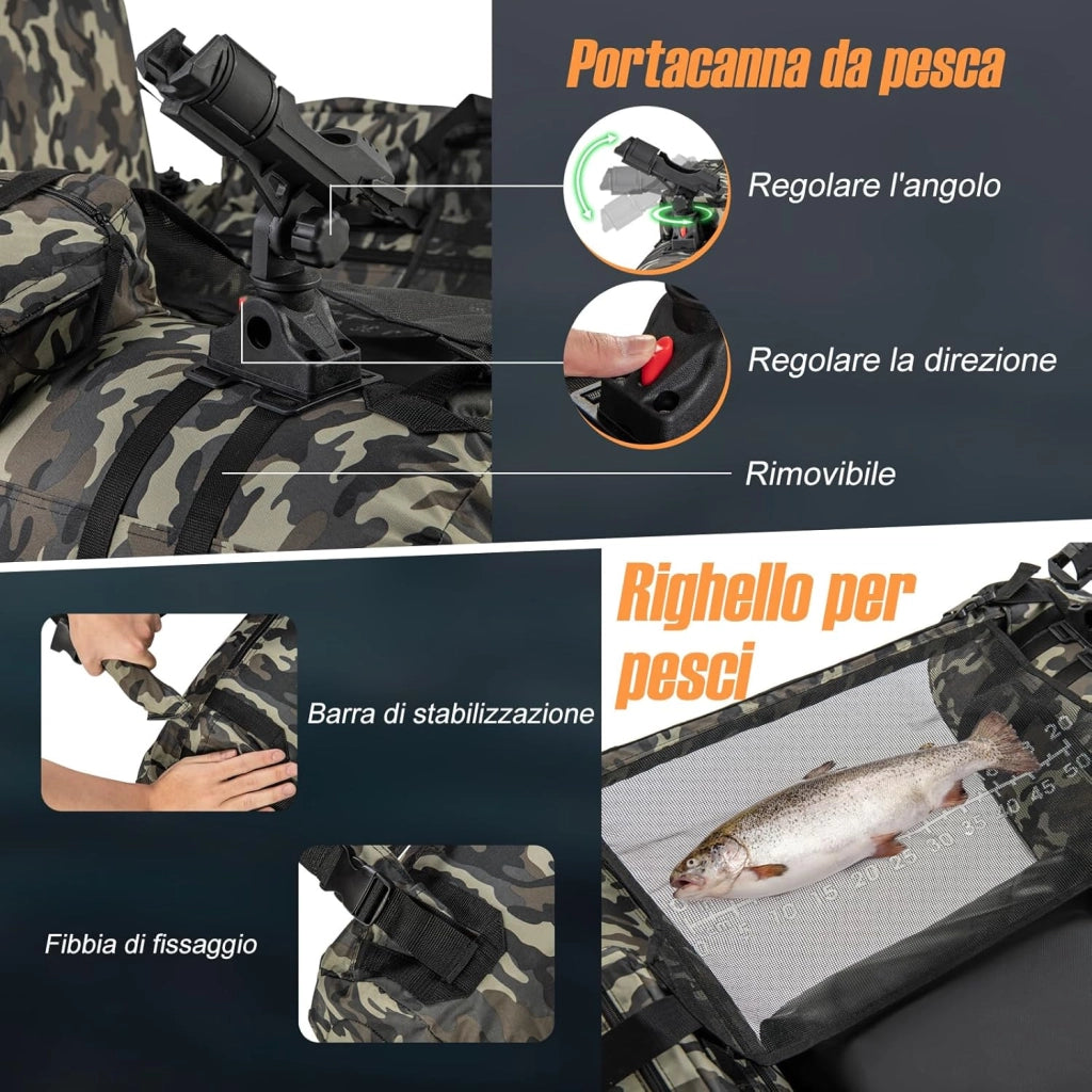 Gommone Gonfiabile da Pesca, Barca da Pesca Portatile con 2 Pinne, Pagaia in Alluminio, Pompa, Spallacci Regolabili e Kit di Riparazione, Schienale Regolabile, capacità di Carico 150kg