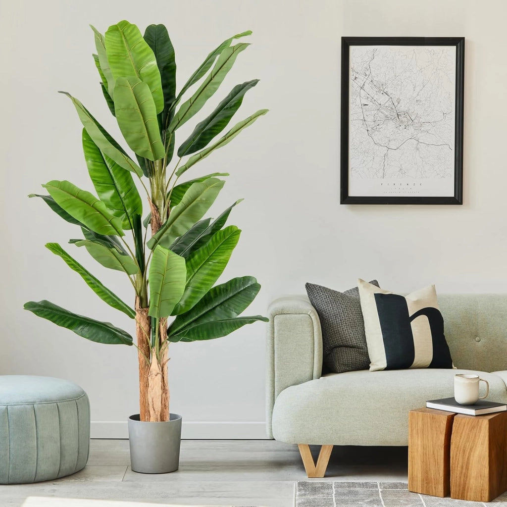 Albero di foglie di banana artificiale con vaso di fiori finti per decorazione interna, pianta tropicale, decorazione per ingresso, soggiorno, balcone, ufficio, 195 cm