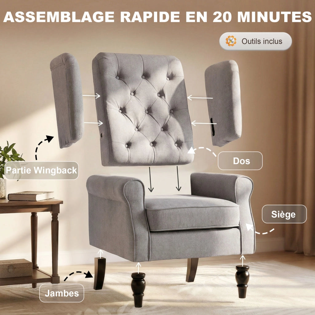 Poltrona capitonnata con braccioli e gambe in legno ¨C zephmum ¨C grigio 74x86x102 cm