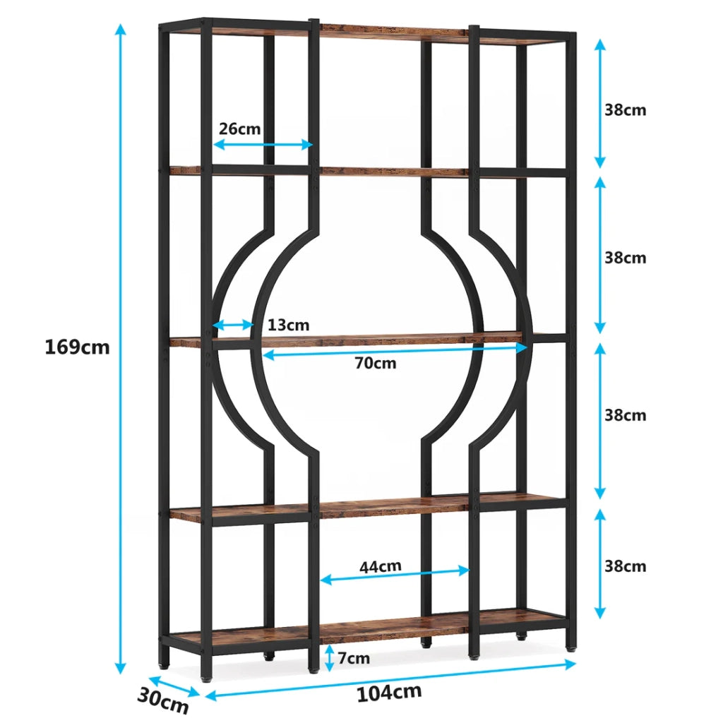 Libreria a 5 ripiani in metallo nero e legno rustico, scaffale aperto salvaspazio stile vintage