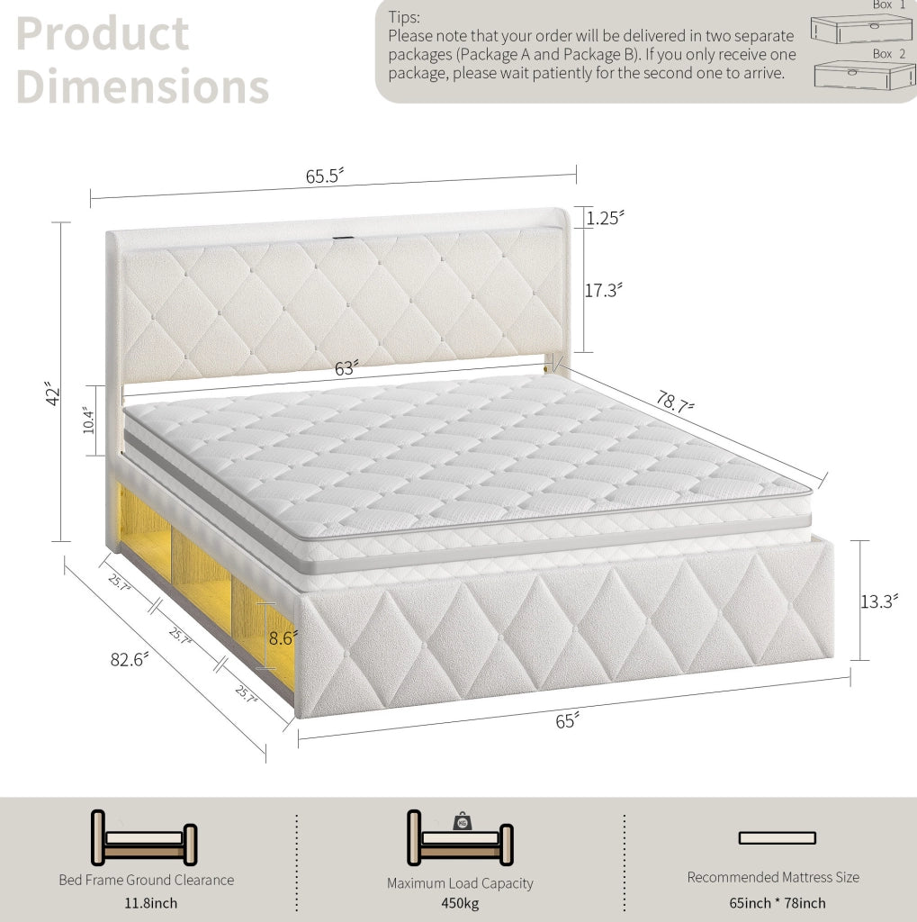 Letto 160x200 cm con ricarica USB e LED in teddy bianco