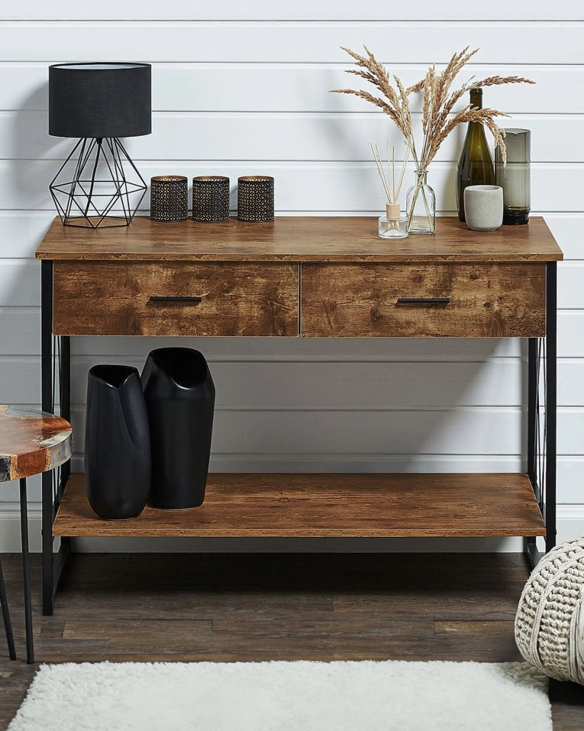 Consolle Madia credenza 2 cassetti Ripiano in legno scuro Struttura in metallo Nero Piano in truciolare in stile industriale Soggiorno