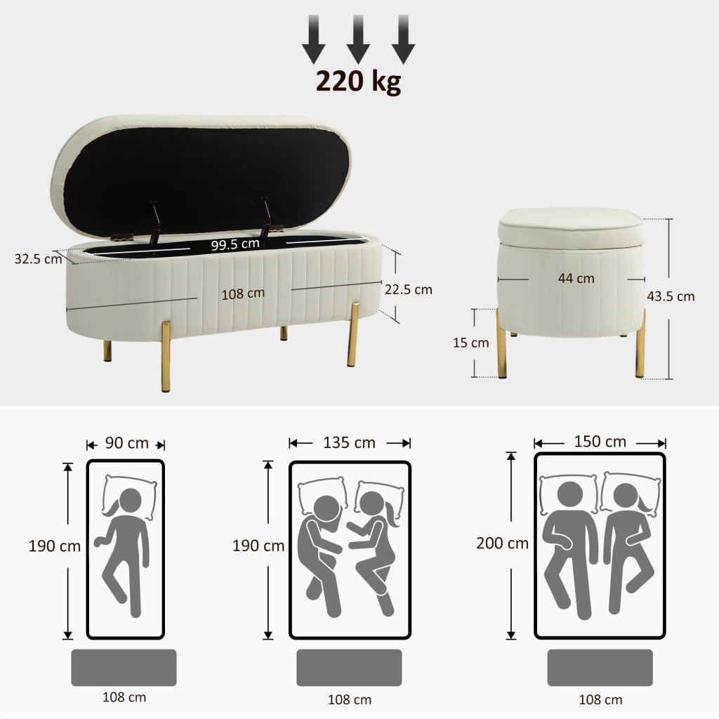 Panca Contenitore Ovale in Velluto e Legno ¨C Zephmum ¨C 108x44x43.5 cm Crema