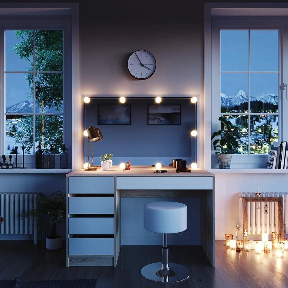 Tavolo da toeletta Sherry, Antracite, 120 cm con illuminazione a LED e sgabello, con illuminazione LED e sgabello coordinato