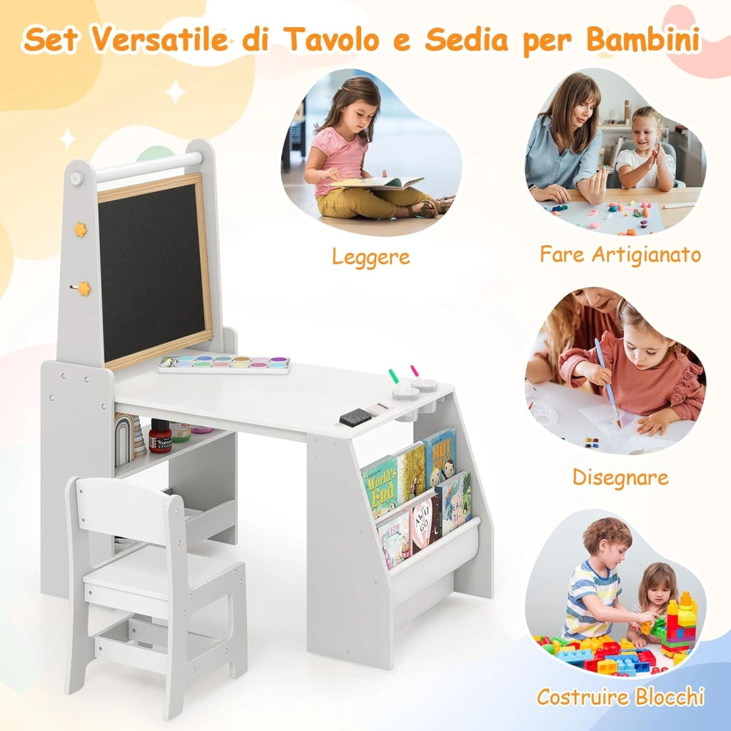 Set 3 in 1 Tavolo e Sedia per Bambini 3+ Anni, Tavolo in Legno Sicuro con Lavagna, Sedia, Lavagna Bianca, Rotolo di Carta, 2 Ripiani Aperti e Libreria a 2 Ripiani, Ideale per Disegno (Grigio)