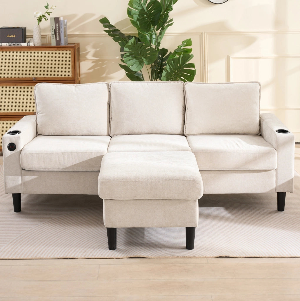 Divano imbottito beige a 3 posti con USB, Type-C e portabicchieri, divano angolare a L con pouf combinabile