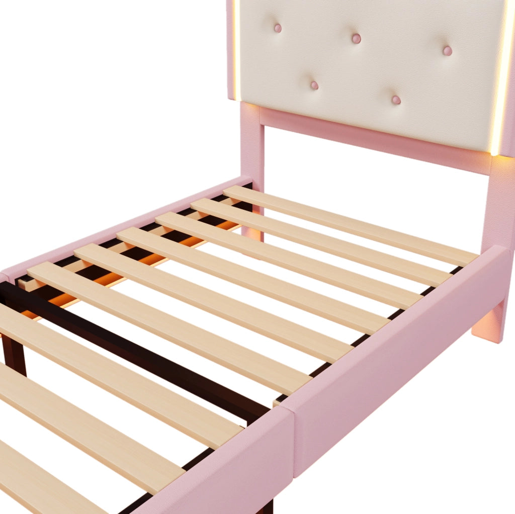 Letto singolo imbottito ULEVR 90x200 cm a forma di corona con rete a doghe, LED e telecomando, rosa