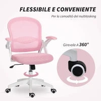 Sedia da Ufficio Ergonomica e Regolabile con Schienale a Rete e Seduta Imbottita, 65.5x61.5x88-97.5 cm, Rosa