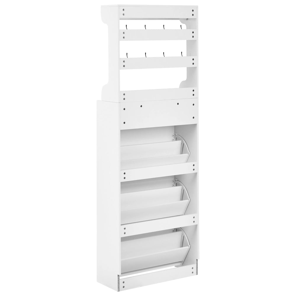 Mobile porta scarpe alto in truciolato bianco 70 x 30 x 200 cm 12 paia di scarpe con cassetti e ganci per un ingresso moderno