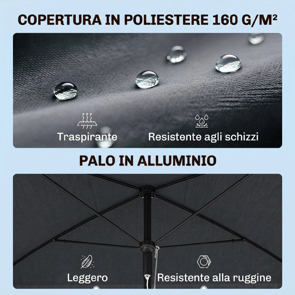 Ombrellone da Giardino Rettangolare 2x1.3 m ¨C zephmum ¨C Grigio e Nero, Alluminio