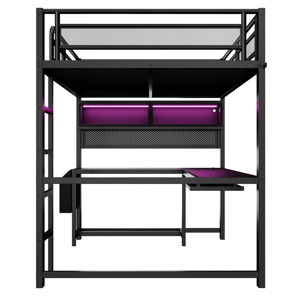 Letto a soppalco 140x200 cm con scrivania; LED e stazione di ricarica in MDF e metallo nero