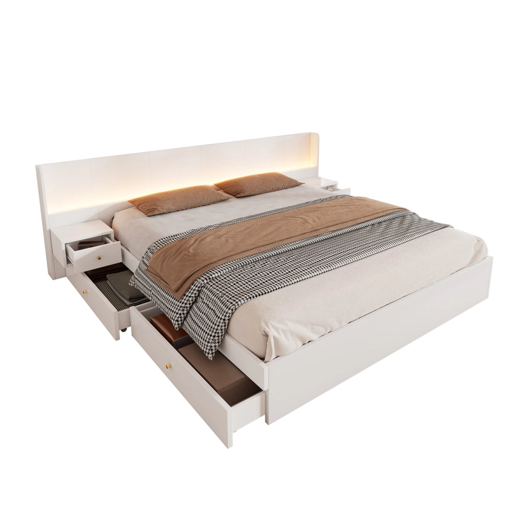 Letto matrimoniale 180x200 cm in MDF bianco con USB, prese, LED APP, 2 comodini, 2 cassetti, senza materasso