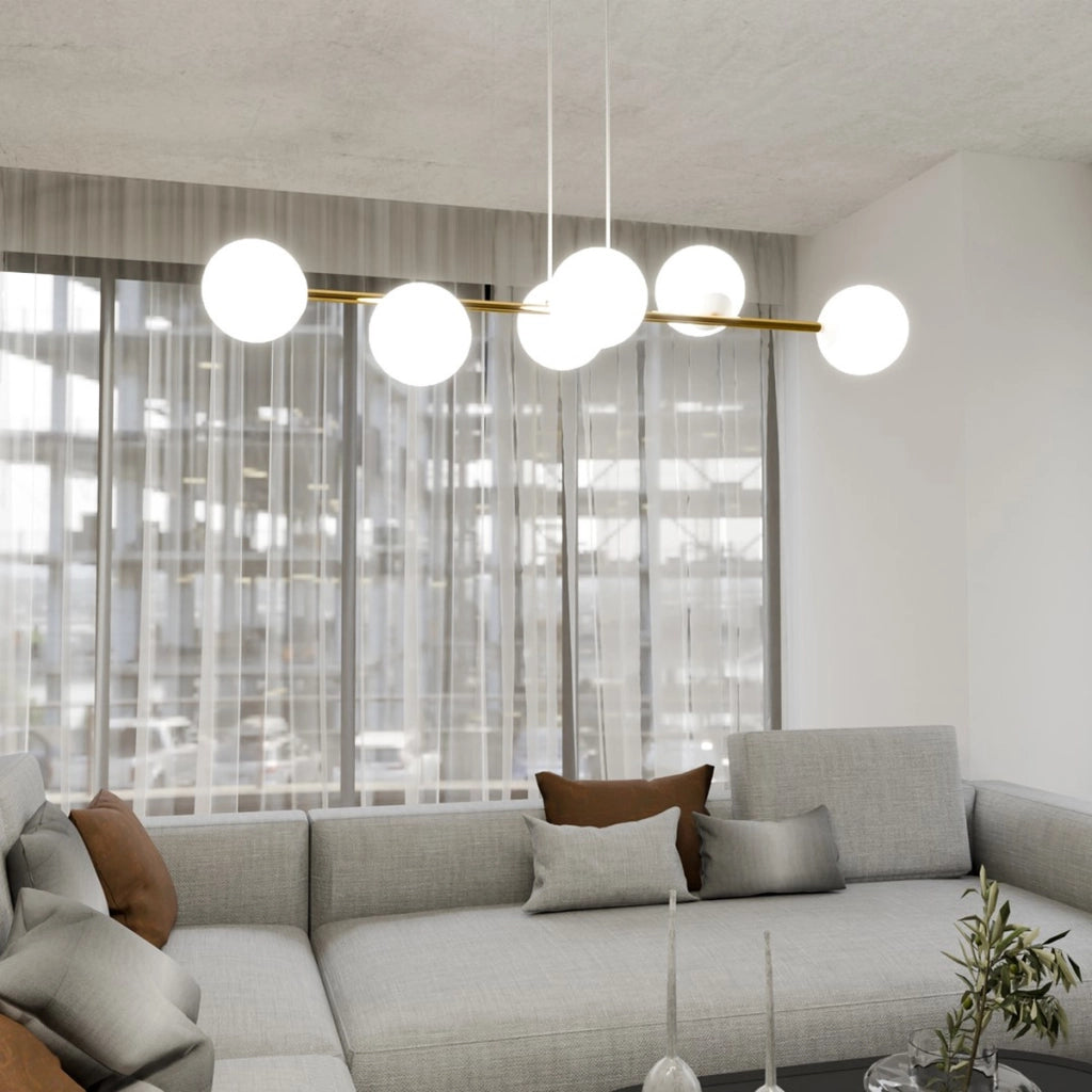 Lampada a sospensione Gravity in acciaio oro e vetro bianco