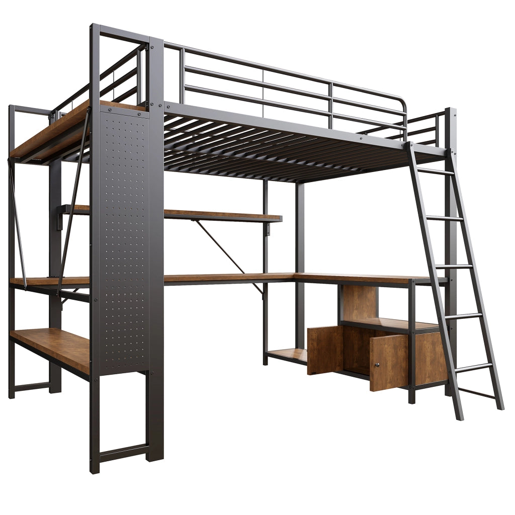 Letto a Soppalco con Scrivania, LED, Ripiani e Vano Contenitore ¨C MINIMAL ¨C Nero 140x200
